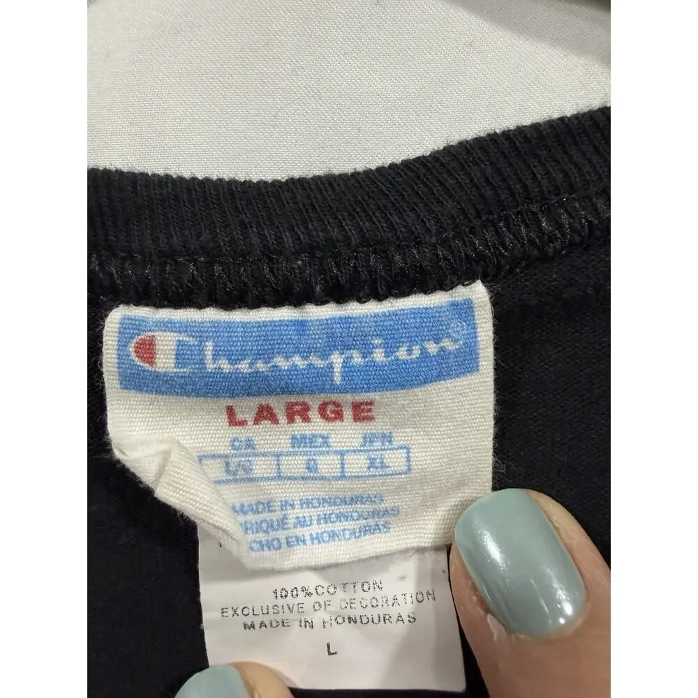 VTG Champion T Shirt L Black Script Logo Y2K Men's Short Sleeve Athletic Tee - Picture 4 of 7